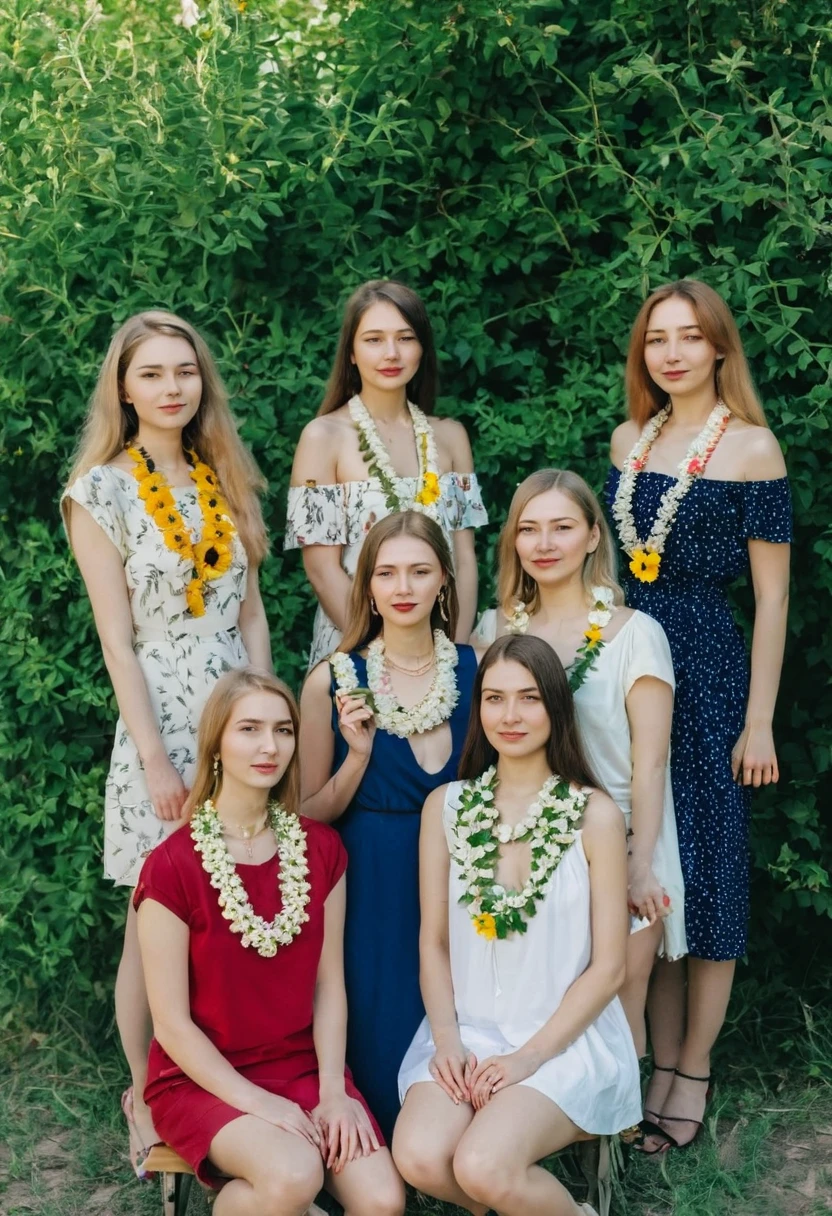 arafed woman with a flower necklace standing in front of a bush, moleksandra shchaslyva, anna nikonova, nadezhda tikhomirova, anna podedworna, nina tryggvadottir, anastasia ovchinnikova, maria panfilova, marina federovna, julia gorokhova