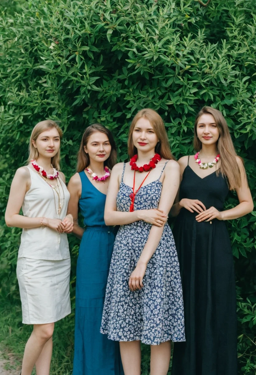 arafed woman with a flower necklace standing in front of a bush, moleksandra shchaslyva, anna nikonova, nadezhda tikhomirova, anna podedworna, nina tryggvadottir, anastasia ovchinnikova, maria panfilova, marina federovna, julia gorokhova