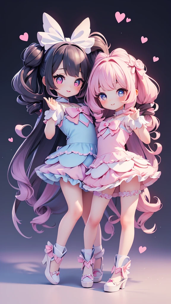 ((petite bishojo, little 2girls)), ((cute face)), ((heart shaped pupils)), ((masterpiece)), ((best quality)), ((ultra detailed)), ((exquisite)), ((depth)), ((crisp)), ((8k)), ((beautiful and aesthetic)), ((super detailed skin)), ((high standard)), ((highres)), ((perfect anatomy)), (full body), (blush), (lipstick), (magical girl), ((kawaii pose)), (white, blue, black)