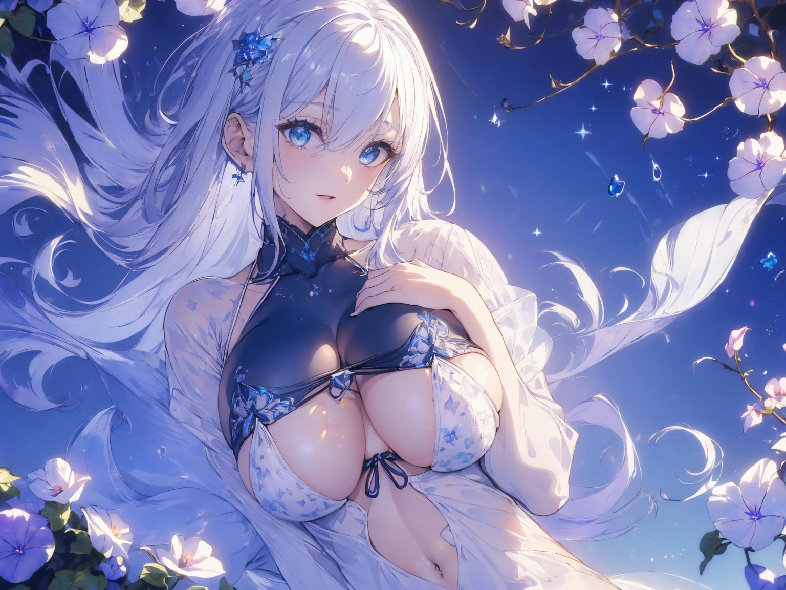 (micro bikini photo:1.1, gigantic breast, in blue waterfront garden:1.5), Masterpiece, best quality, (very detailed CG unity 8k wallpaper), (best quality), High definition RAW color art, Animation,sculptures, (black Marble Skin), (((Ultra detailed elegant))), Magical atmosphere, Detailed skin, Texture,(Intricately detailed, Fine detail, ultra-detail art), depth of fields, bokeh, Silky Touch, Hyper Detail, beautiful eyes, Elegant Face, (lying on pastel white waterfront, morning glory), sparkle background, enormous breast:1.3, (silver hair), pastel purple, embarrassing smiley face, wide open udder, overall