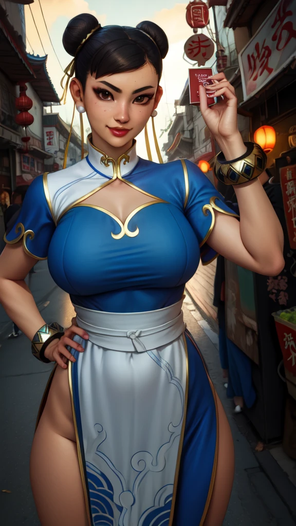 Sexy chun li usando un babdoll, double bun,  black hair, brown eyes, Ara-Ara
chinese clothes, spiked bracelet, bun cover, earrings , 
standing, tetona, con cintura delgada, enorme trasero, smile,  sash, 
chinatown,  noche, 
(insanely detailed, beautiful detailed face, beautiful detailed eyes, masterpiece, best quality),solo,  