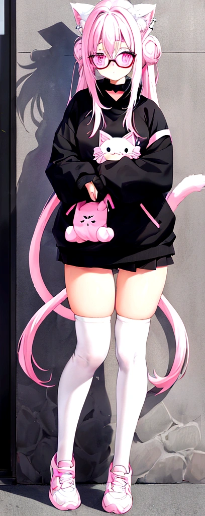 I have white pink hair, cat ears, a bun, my face is super blushing, black glasses, pink heart eyes, a big pink sweatshirt, a black skirt, black stockings, white shoes, a cat's tail, a girl. very shy that she is glued to a wall with her butt