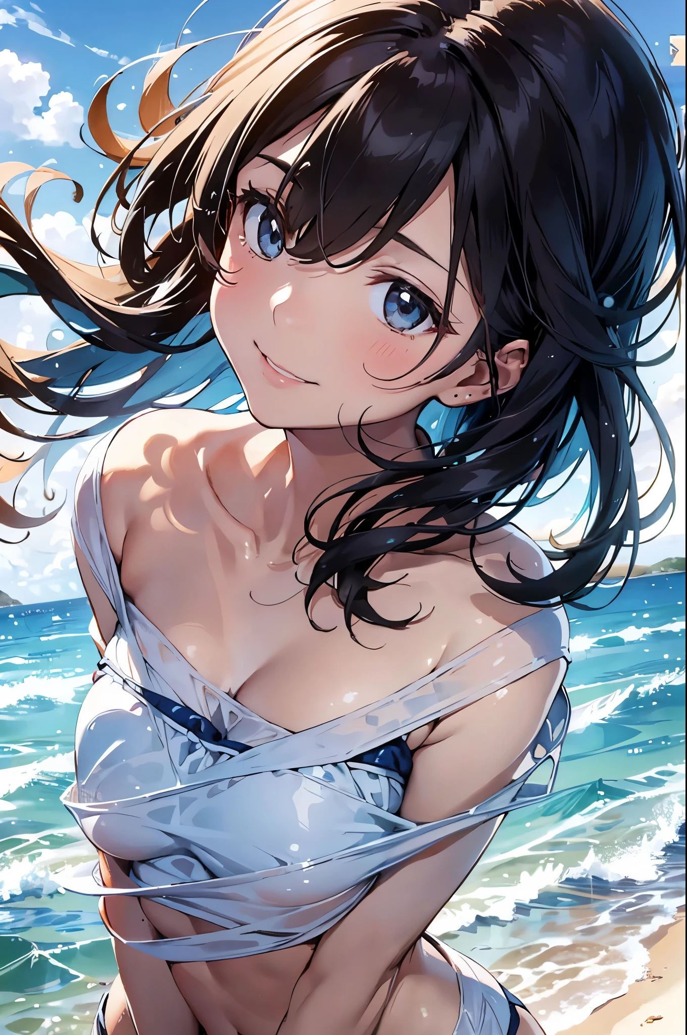 Below is a 2000 character detailed prompt::
--- Very detailed, Realistic, high-resolution 4K image of a beautiful woman standing topless by the seaside. of woman is the main focus of the image, with every detail of her appearance meticulously depicted to emphasize her natural beauty and the artistic nature of the scene. She has been a long time, Flowing, Wavy hair cascading down the back, catching the sunlight and shimmering with natural highlights. Her skin is tanned, Give her health, Shining and contrasting beautifully with bright light, Behind her is a clear blue sky.
Her eyes are expressive and captivating, reflecting the joy and warmth of a perfect summer day. She's gentle, warm smile that exudes confidence and contentment, inviting viewers to share in the serene and blissful atmosphere of the seaside. Her facial features are soft and harmonious, Her natural elegance enhances her charm..
of woman is standing confidently topless, emphasizing her natural beauty and the freedom of the summer beach setting. Her posture is relaxed yet calm., embodying a sense of ease and grace. Her shoulders are pulled back slightly, and her arms hang naturally at her sides, Her posture enhances her natural beauty.. of focus on her toplessness is tasteful and artistic, ensuring that the image remains elegant and sophisticated.
of background of the image features a stunning seaside landscape, With the clear blue sky stretching out endlessly, Fluffy white clouds scattered. of gentle waves of the ocean lap at the shore, creating a soothing and rhythmic backdrop that complements the tranquility of the scene. of sandy beach extends into the distance, with the golden grains of sand sparkling in the sunlight.
In the distance, a few beachgoers can be seen enjoying the sun and sea, Energize a tranquil atmosphere. of overall atmosphere of the image is bright, warm, and summery, Evoke feelings of joy, relaxation, and . of