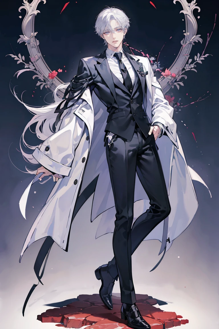 (masterpiece), best quality, seductive eyes, perfect face, handsome man, purple eyes, middle part haircut, short length white hair, black coat, grey suit, black necktie, full body, long legs, anime cover, 1boy, cross ear rings
