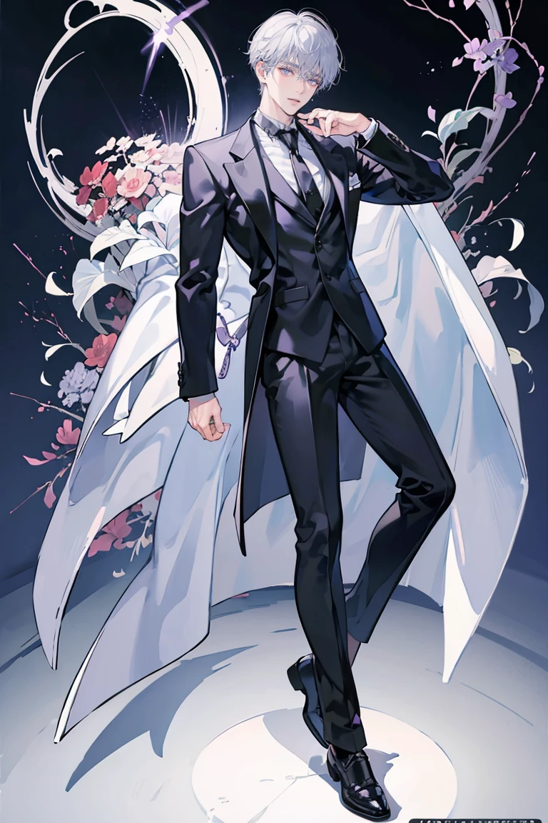 (masterpiece), best quality, seductive eyes, perfect face, handsome man, purple eyes, middle part haircut, short length white hair, black coat, grey suit, black necktie, full body, long legs, anime cover, 1boy, cross ear rings
