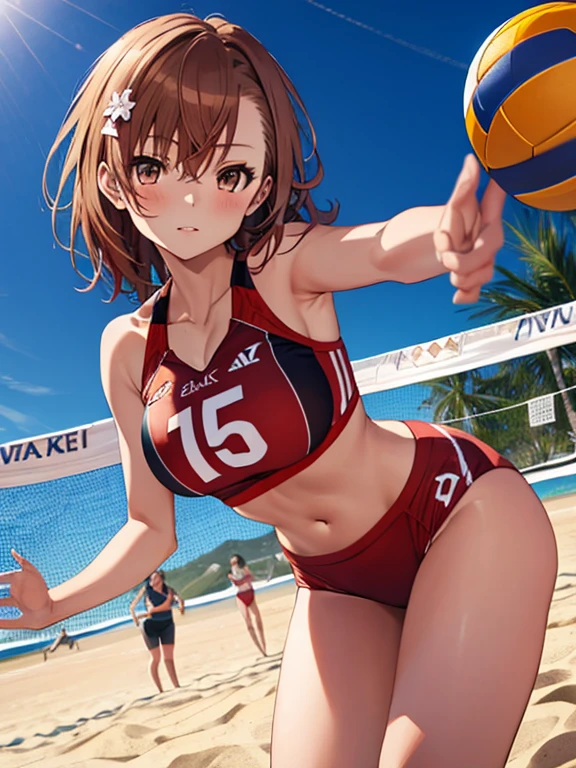 Beach Volleyball, (masterpiece), highest quality, Misaka Mikoto, 1girl, uhd, retina, masterpiece, ccurate, anatomically correct, textured skin, super detail, high details, high quality, best quality, highres, 4K