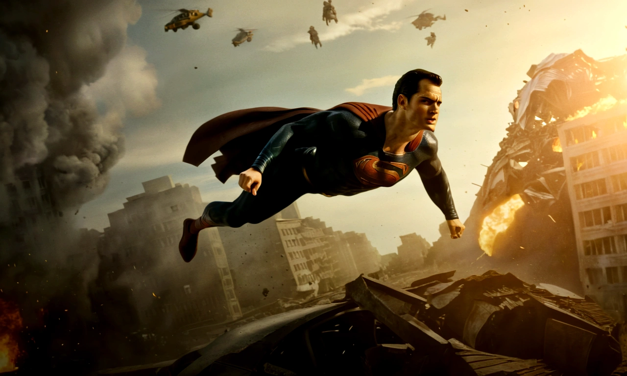 Superman flying to save a falling woman ,in a scenario with destruction ,, Standard scenario , images without deformities , best overall quality , masterpiece