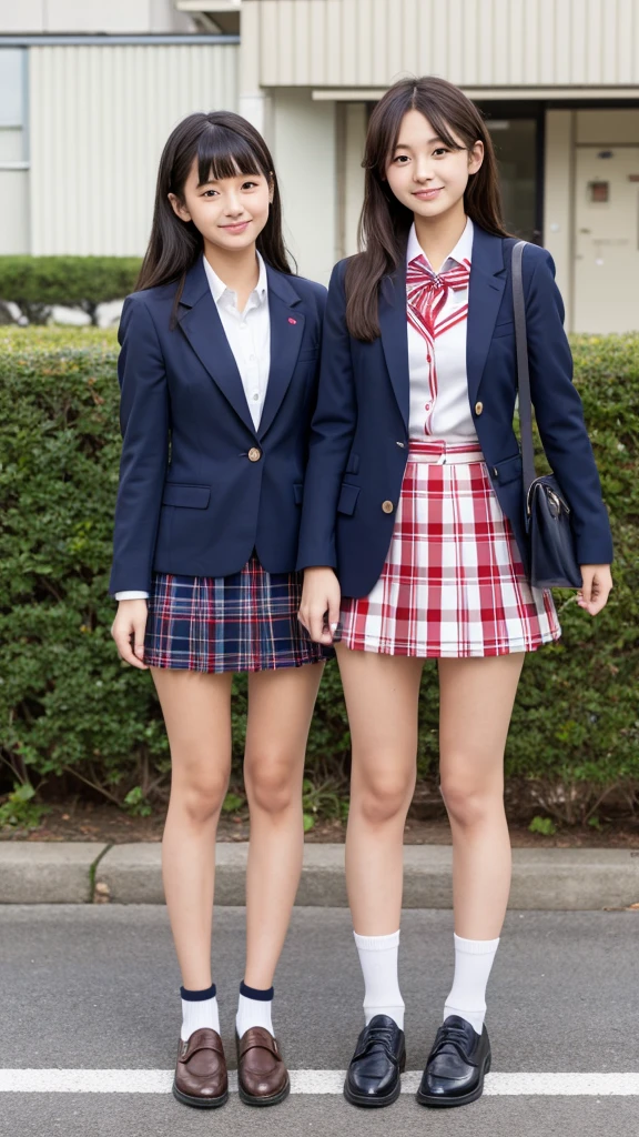 Japanese 18 year old high school girl、Navy blue blazer uniform、Red checkered mini skirt、Two people standing side by side, upper body up