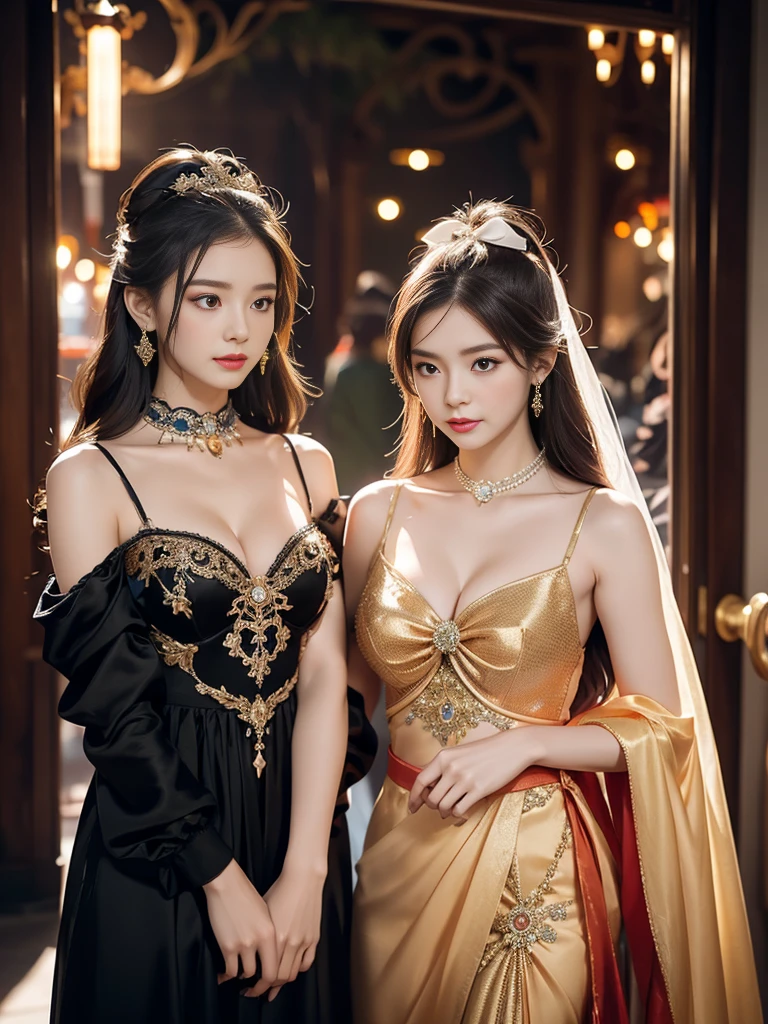 Two Girls, length_hair, bright_hair_color, Fascinating_eye, mysterious_Performance, Mature Woman_exterior, glamorous_Costume, Flowing_dress, elegant_jewelry, complicated_Decoration, magic_symbol, Shine_accessories, Portion, Scroll, cute_accent, bow, ribbon, Flowers,A tiny bit of cleavage is visible,sexy