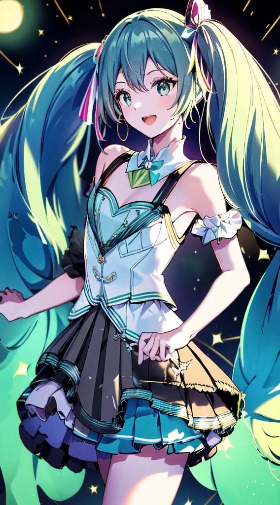 (fluorescence light green long hair:1.6,,),(twintails), (small breasts ),slender、hatsune_miku,Super Idol beautiful girl,Cute Smile,Sky,Sexy outfit with sparkling bright yellow and white skin visible mysterious Fantasy constellation moon Crystal Sparkle Aurora in the night sky