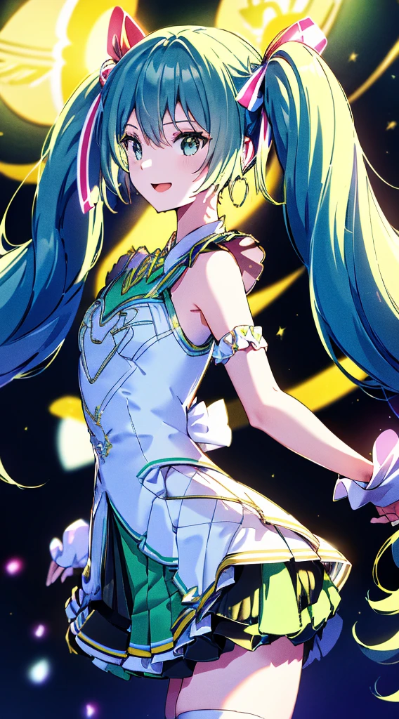 (fluorescence light green long hair:1.6,,),(twintails), (small breasts ),slender、hatsune_miku,Super Idol　beautiful girl,Cute Smile,Sky,Sexy outfit with sparkling bright yellow and white skin visible　mysterious　Fantasy　constellation　moon　Crystal Sparkle　Aurora in the night sky