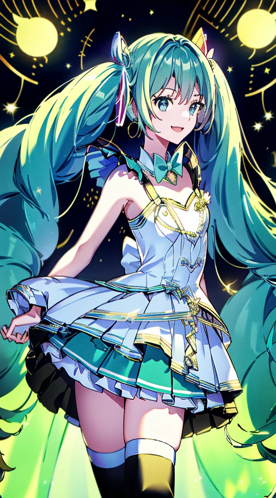 (fluorescence light green long hair:1.6,,),(twintails), (small breasts ),slender、hatsune_miku,Super Idol　beautiful girl,Cute Smile,Sky,Sexy outfit with sparkling bright yellow and white skin visible　mysterious　Fantasy　constellation　moon　Crystal Sparkle　Aurora in the night sky