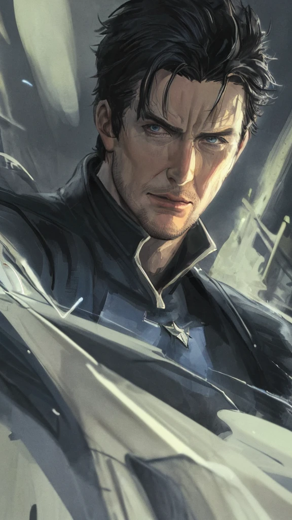 John Barrowman, male supervillain, black hair, blue eyes, smirk, white skin, sexy, (best quality,4k,8k,highres,masterpiece:1.2),ultra-detailed,(realistic,photorealistic,photo-realistic:1.37),superhero,evil,villainous,intense gaze,detailed facial features,dramatic lighting,dark and moody atmosphere,chiaroscuro,cinematic,portrait