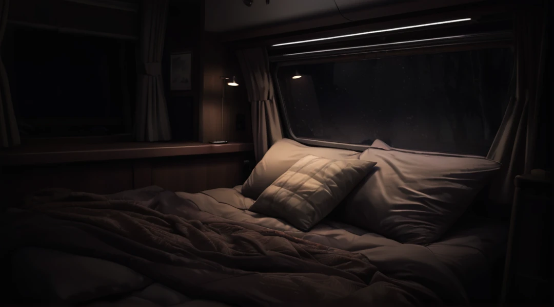 there is a bed with pillows and a blanket in a dark room, dimly lit bedroom, soft ambient lighting, comfy lighting, ambient lighting at night, lit up in a dark room, dramatic ambient lighting, night fill lighting, dimly lit room, bright ambient lighting, dark bedroom, cozy bed, comfy ambience, mysterious ambient lighting, lit in a dawn light