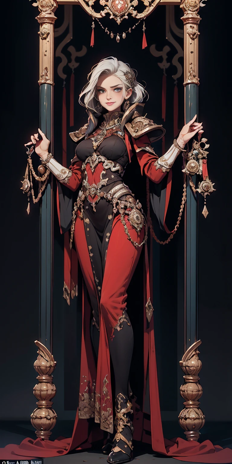 Setting: Royal bedroom - Grand, opulent, with rich fabrics and tapestries Character: Appearance: White hair - Short, styled in a sharp bob Full figure - Curvaceous Attire: High boots - Leather, reaching up the calves Elegant outfit - Befitting the royal setting (consider a dress, gown, or ensemble) Red tattoo - Delicate design on the navel Face - A confident smirk plays on her lips, eyes sparkling with amusement Pose: Full body - Standing tall Hands - Resting on hips in a commanding posture Additional details: (add to the background a four-poster bed, a plush rug, ornate furniture)