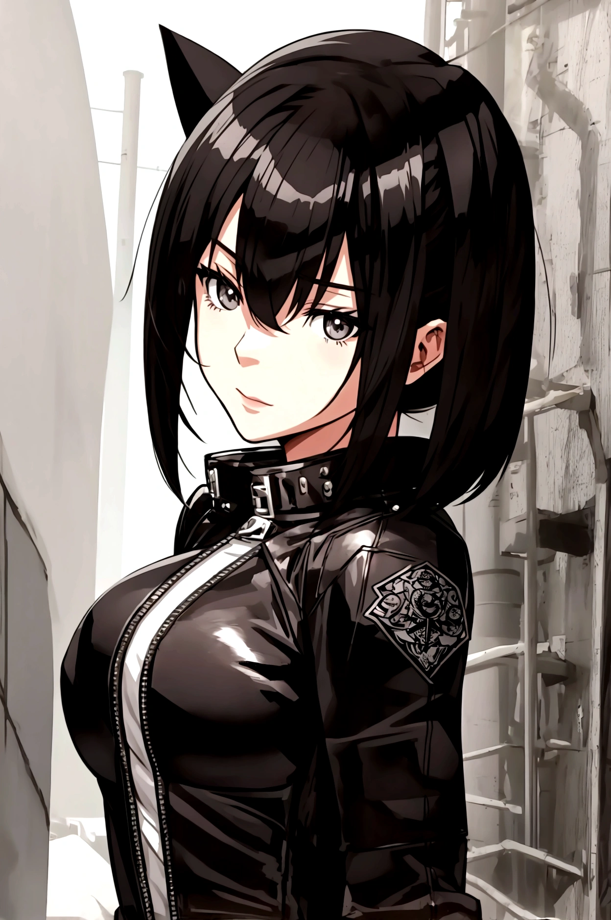 Anime girl,wearing a black biker leather suit,short ponytailed black hair,beautiful face