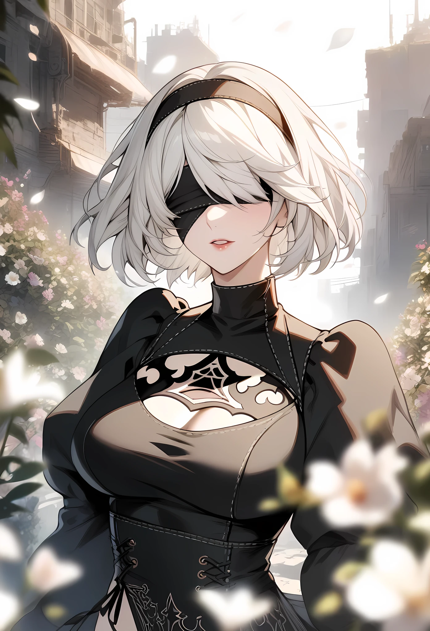 masterpiece, best quality, very aesthetic, absurdres, 1girl, mature_lady,  ,2b_(nier:automata), nier:automata, nier_(series), 1girl, short_hair, white_hair, covered_eyes, black_blindfold, black_hairband, hairband,,surrounding by flowers,falling_petals, outdoors, petals,,,blur background,background defocus,floating hair,