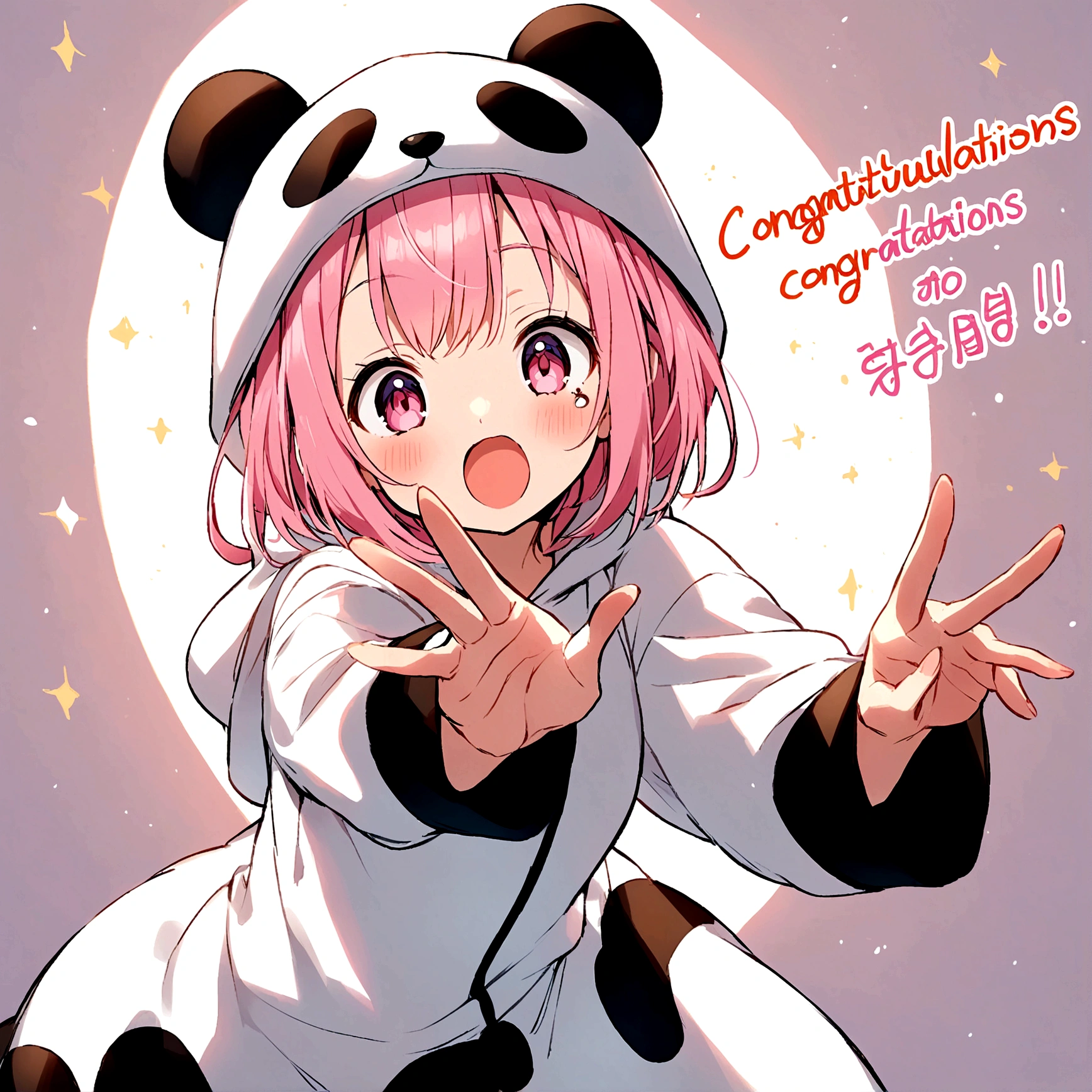 anime、Girl in panda costume、Pink Hair、Pink Eyeole under the eye、Cute pose、Congratulations lettering
