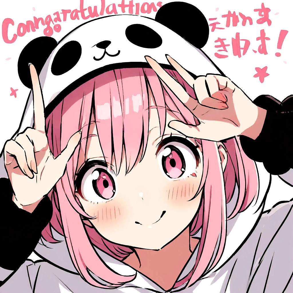 anime、Girl in panda costume、Pink Hair、Pink Eyeole under the eye、Cute pose、Congratulations lettering