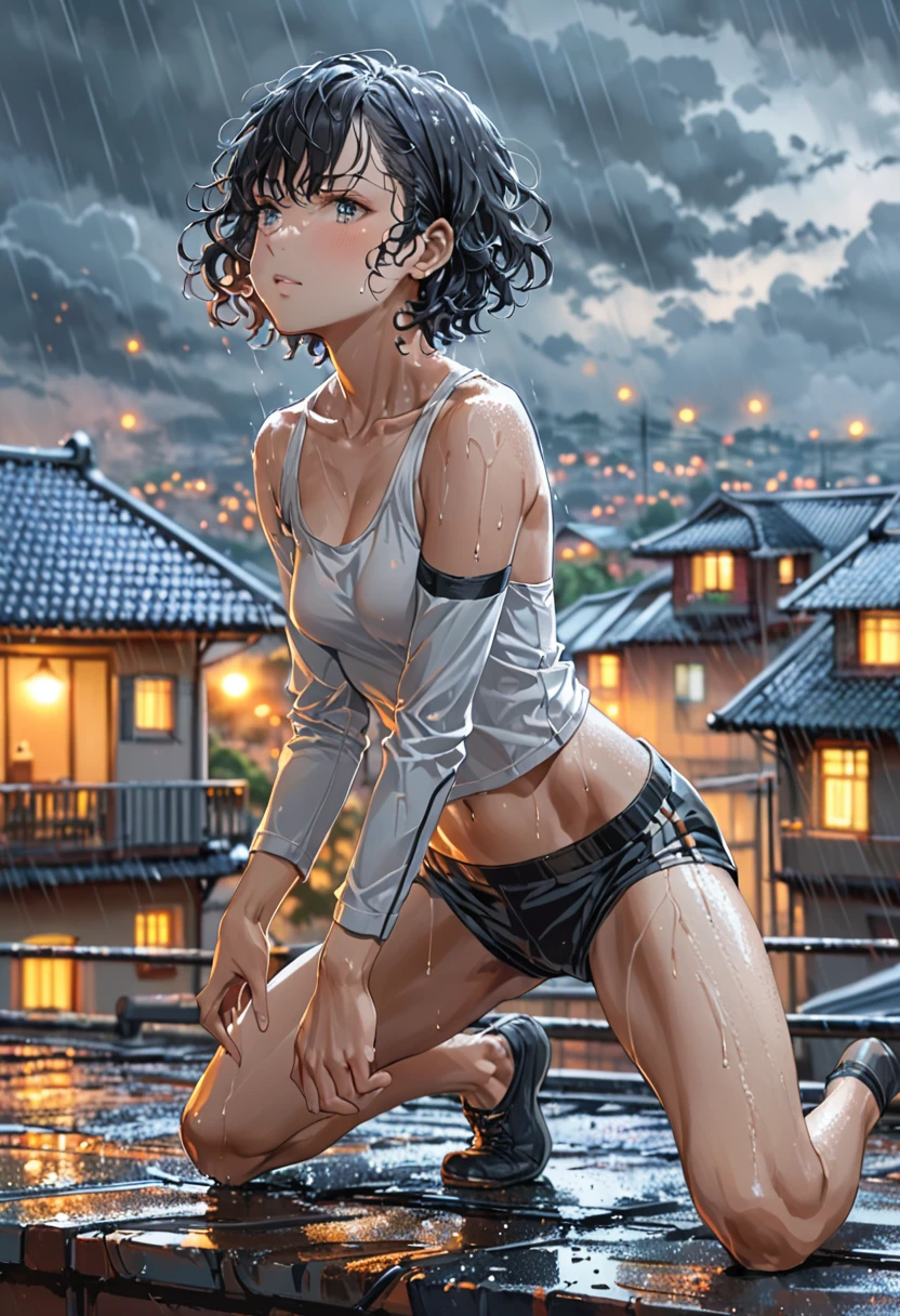 18-year-old girl,, Short Curly Hair, Beautiful Face, rain, roof, masterpiece, Exquisite detail, Perfect Anatomy, Combat Stance 