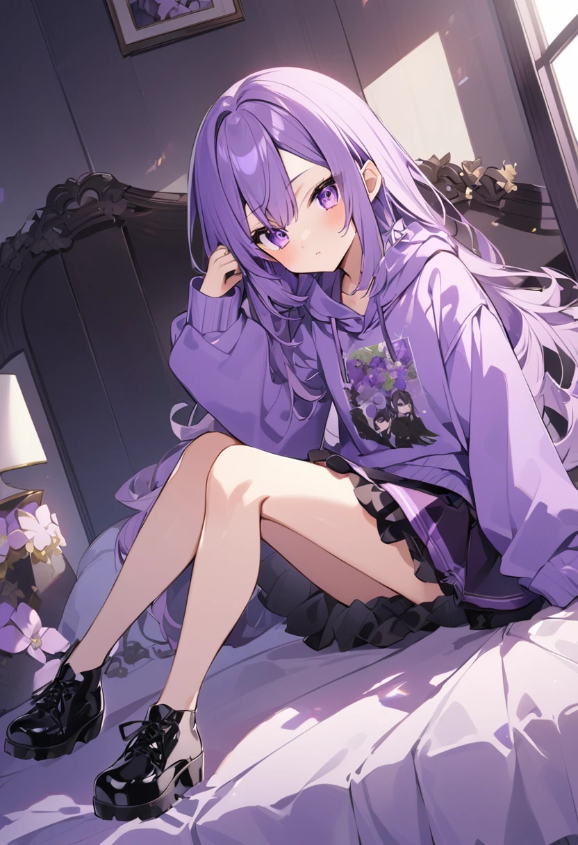 Keito。Purple Eyes。Purple Hair。Purple Skirt。Black shoes下。Black shoes。Purple hoodie。Purple Bed