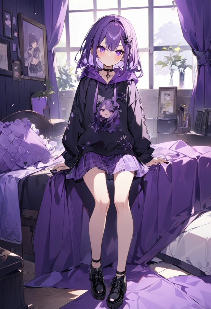 Keito。Purple Eyes。Purple Hair。Purple Skirt。Black shoes下。Black shoes。Purple hoodie。Purple Bed