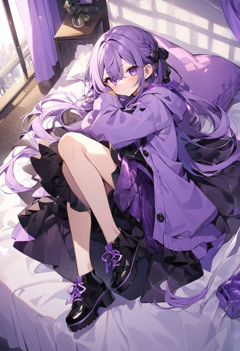 Keito。Purple Eyes。Purple Hair。Purple Skirt。Black shoes下。Black shoes。Purple hoodie。Purple Bed