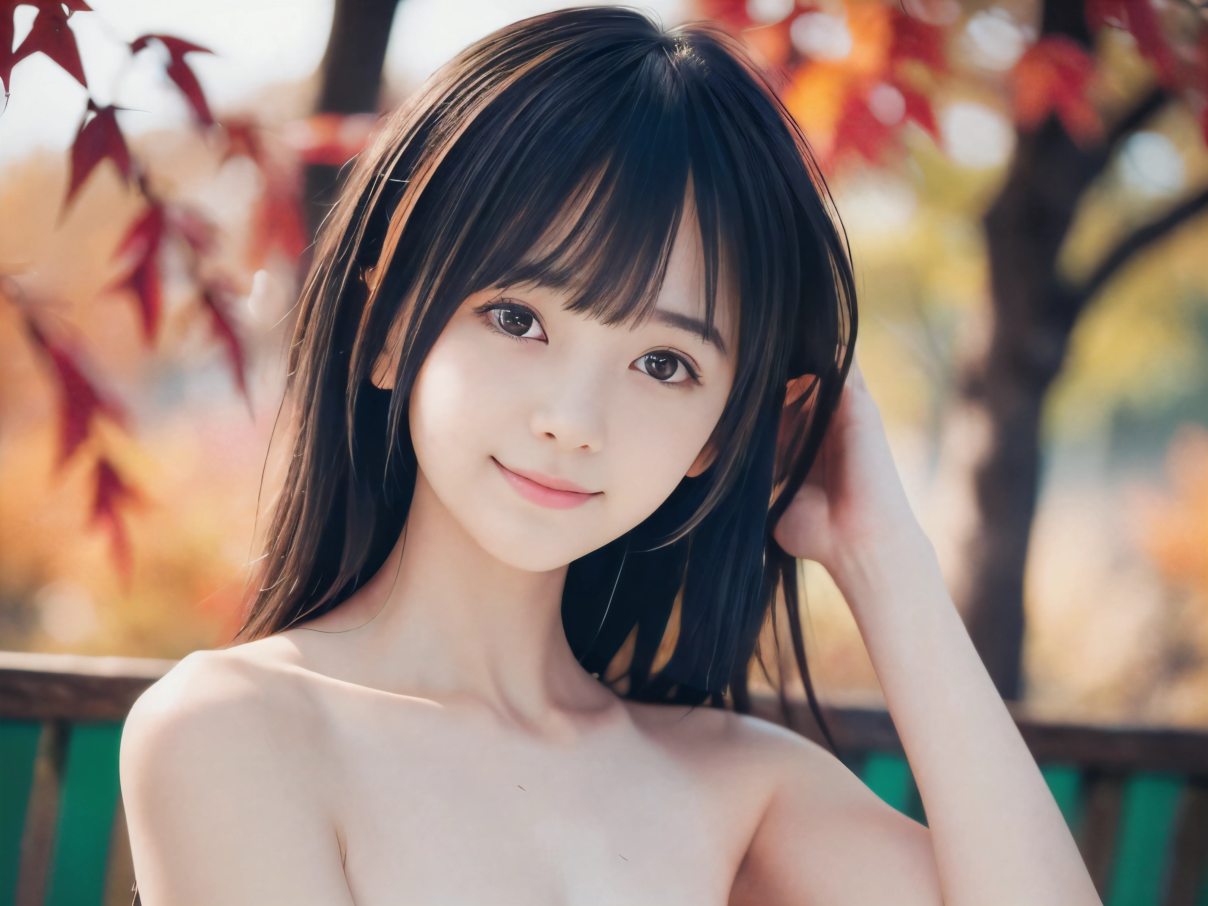 (Close-up face shot of a naked slender small breasts two side up black medium hair with bangs girl:1.5)、(Naked girl is soaking in a Japanese onsen outdoors with a small smile:1.5)、(Outdoor Japanese onsen with beautiful autumn red leaves:1.5)、(blurred background:1.5)、(8k ultra detailed master piece:1.5)、(perfect anatomy:1.5)、(Photorealistic stick:1.5)、(Raw photo:1.3)、(highest quality:1.5)、(High resolution:1.3)、(Delicate and beautiful perfect face:1.3)、(Delicate and beautiful eye air skin:1.3)、(Real Human Skin:1.3)、((thin legs))