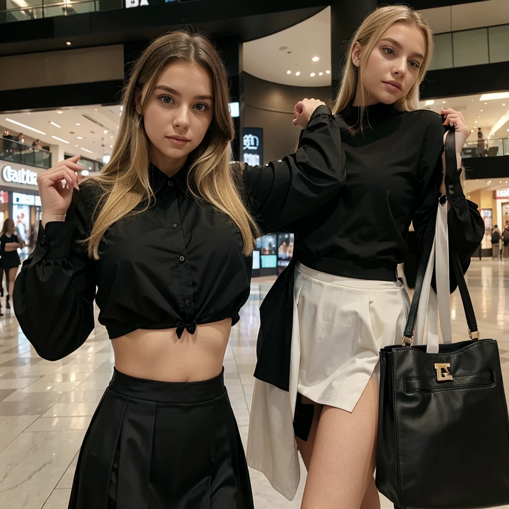 young blonde woman in black blouse and skirt at the mall