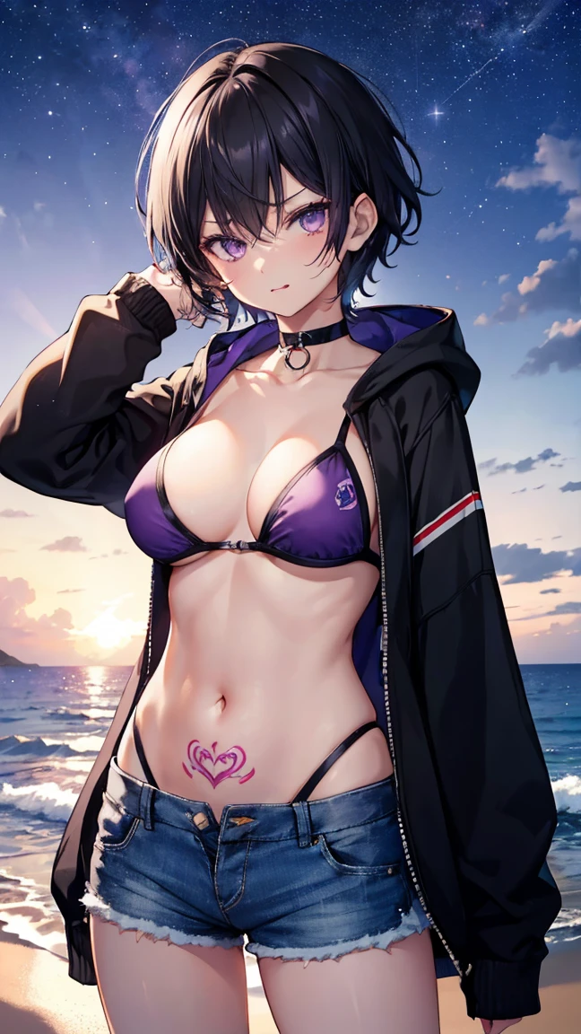 High resolution,high resolution,Girl,Black Hair,Short Hair,Purple Eyes,Slanted Eyes,Bad mood,boyish,slender,Toned body,Ocean,hoodie,Tattoo,Swimwear,Shorts,low length,Starry Sky,choker,Large Breasts,Open your mouth,Sticking out tongue