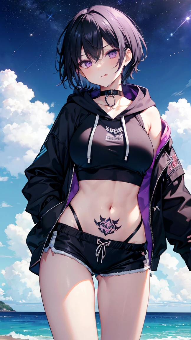 High resolution,high resolution,Girl,Black Hair,Short Hair,Purple Eyes,Slanted Eyes,Bad mood,boyish,slender,Toned body,Ocean,hoodie,Tattoo,Swimwear,Shorts,low length,Starry Sky,choker,Large Breasts,Open your mouth,Sticking out tongue