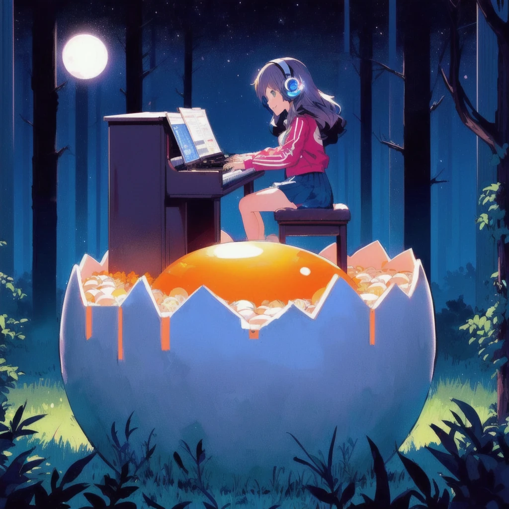 Anime girl playing keyboard under the moonlight on a giant egg, smile,Celeste's Madeline, Official Artwork, Lofi Art, 80s anime style,official Fan art, Lo-fi Girl, nodded, lofi album art, Promotional Art, Fan art, high quality Fan art, Background artwork, Official Art, Lofi Artstyle, Synth feel, High quality artwork, Chill Hop, Portrait of Rofi