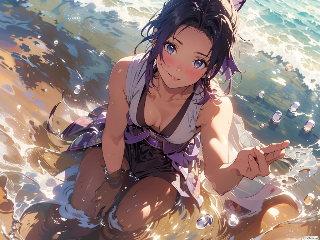 (masterpiece), (best quality), (ultra-detailed), (best illustration), (best shadow), (absurdres), Female, 25 years old, looking at viewer, steam, shy, nose blush, nsfw, medium breasts, nude, o-face, climax, light smile, Kochou Shinobu, Forehead,Black shirt,Black pantsuit,haori,butterflys,obi strip, purple flower,mostly cloudy sky,rays of sunshine,Tyndall effect,Gradient_sky,the face,beautiful sky,Saber on the waist,captivating posture, (Off-the-shoulder attire:1.3),