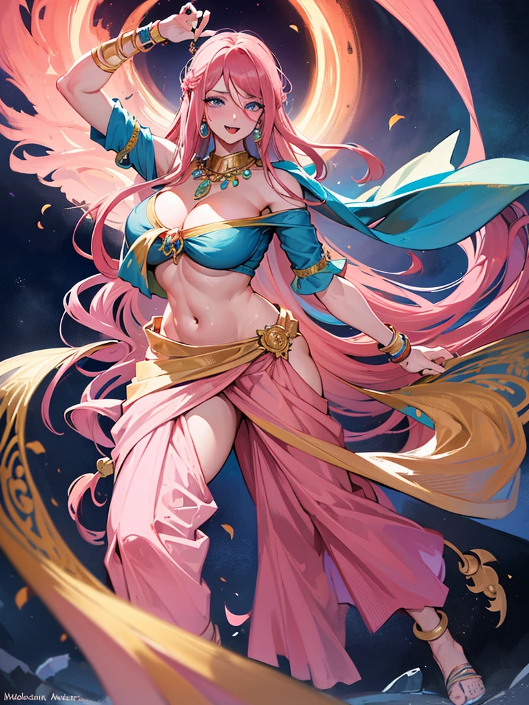 (absurderes, A high resolution, Ultra detailed, hdr), Masterpiece, Best quality, Portrait of an Indian uzumaki_kushina, extreme realistic very beautiful, animated style, closeup shot, anime in a(((pink))) indian dress (((saree))), long black wavy hair untied, head jewellery, necklace, earings, armlets, bangles and bracelets, rings, pleasant expression, bright big blue eyes, natural beauty, vibrant colors,night sky, romantic, soft lighting, vintage aesthetic,huge breast,navel, cleavage ,standing ,mouth open, saliva,tongue out,face on front