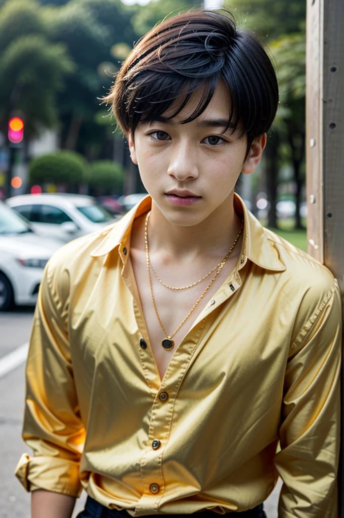 Korean young man, short black hair, Caucasian skin, with Nike blouse, with a gold chain of black eyes 