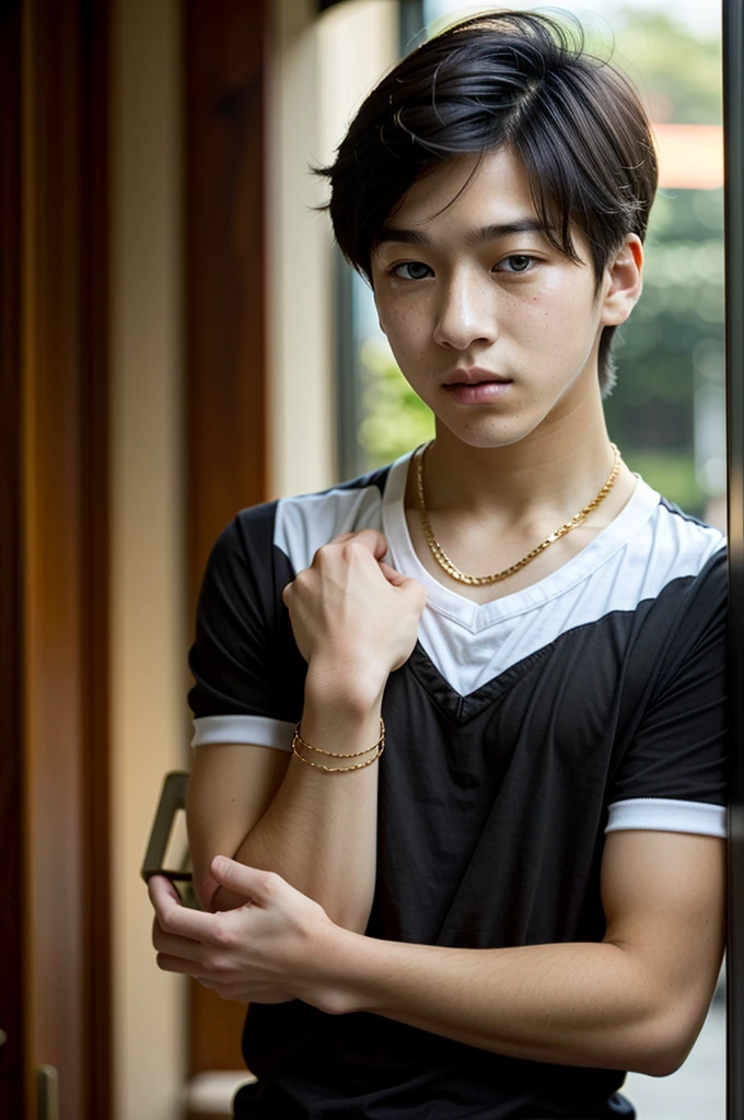 Korean young man, short black hair, Caucasian skin, with Nike blouse, with a gold chain of black eyes 