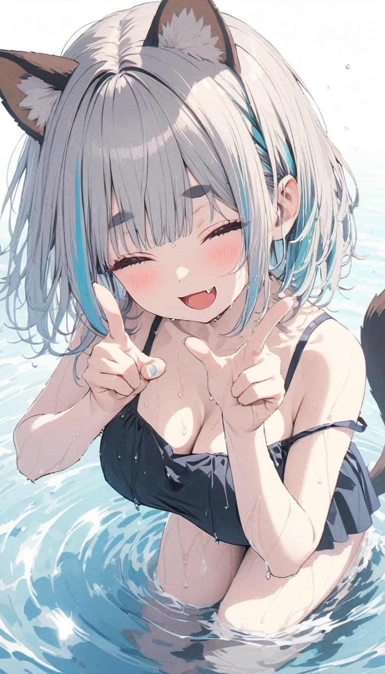 (best quarity,ultra detailed,ultra-high-resolution, absolutely resolution,8k, masterpiece),anime,(pale colors:1.8),long shot, 1girl, solo, cat mouth, hands up, (shoulder-deep in water:1.3), smile, closed eyes, opened mouth, fang, pointing ups, blue hair, bobcut, straight hair, racoon ears, racoon tail, (brown streaked hair:1.3), (blunt bangs) ,wet hair, wet skin, thick eyebrows, big breast, off shoulder bikini, water splash background, summer, fullbody,