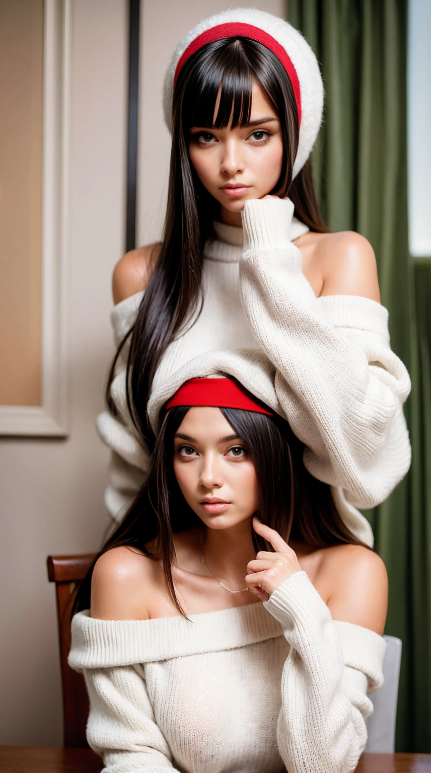 Yor Forger, beautiful, graceful, slender, curvaceous, long hair, straight hair, black hair, beautiful hair, short bangs, ((red eyes)), ((white headband)), ((wears an off-shoulder sweater)), (((red sweater))), large breast, cleavage, 27 years old, white skin, upper body, beauty, solo, extremely beautiful face, exquisite face, facing camera, seductive look