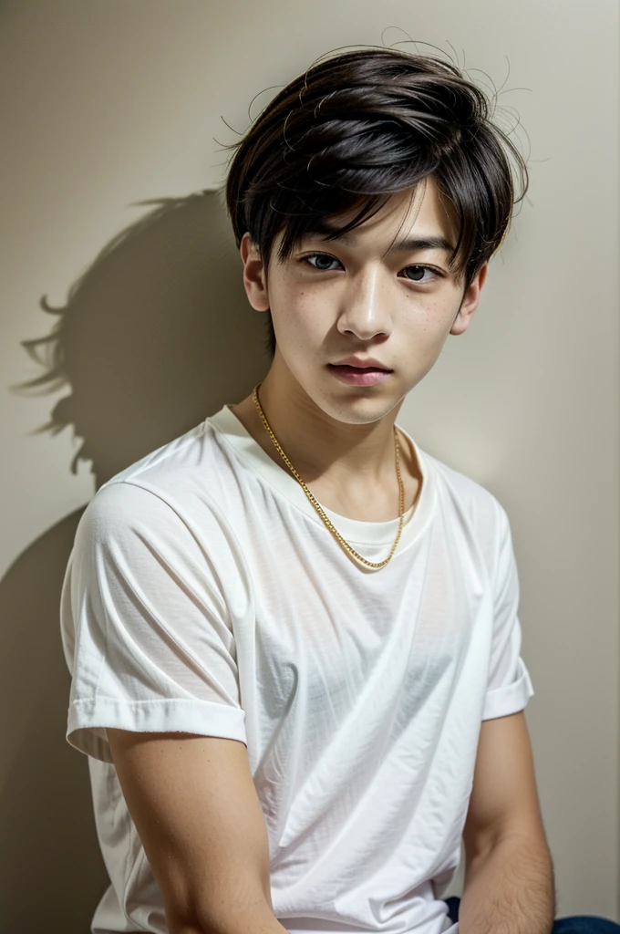 Korean young man, short black hair, Caucasian skin, with Nike blouse, with a gold chain of black eyes 