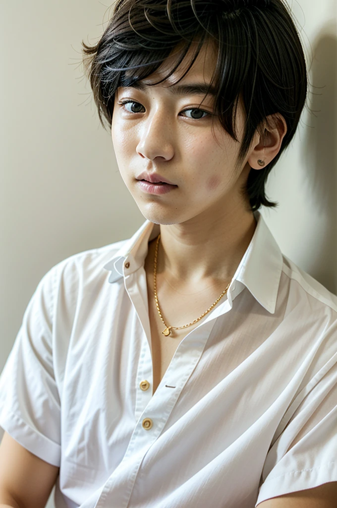 Korean young man, short black hair, Caucasian skin, with Nike blouse, with a gold chain of black eyes