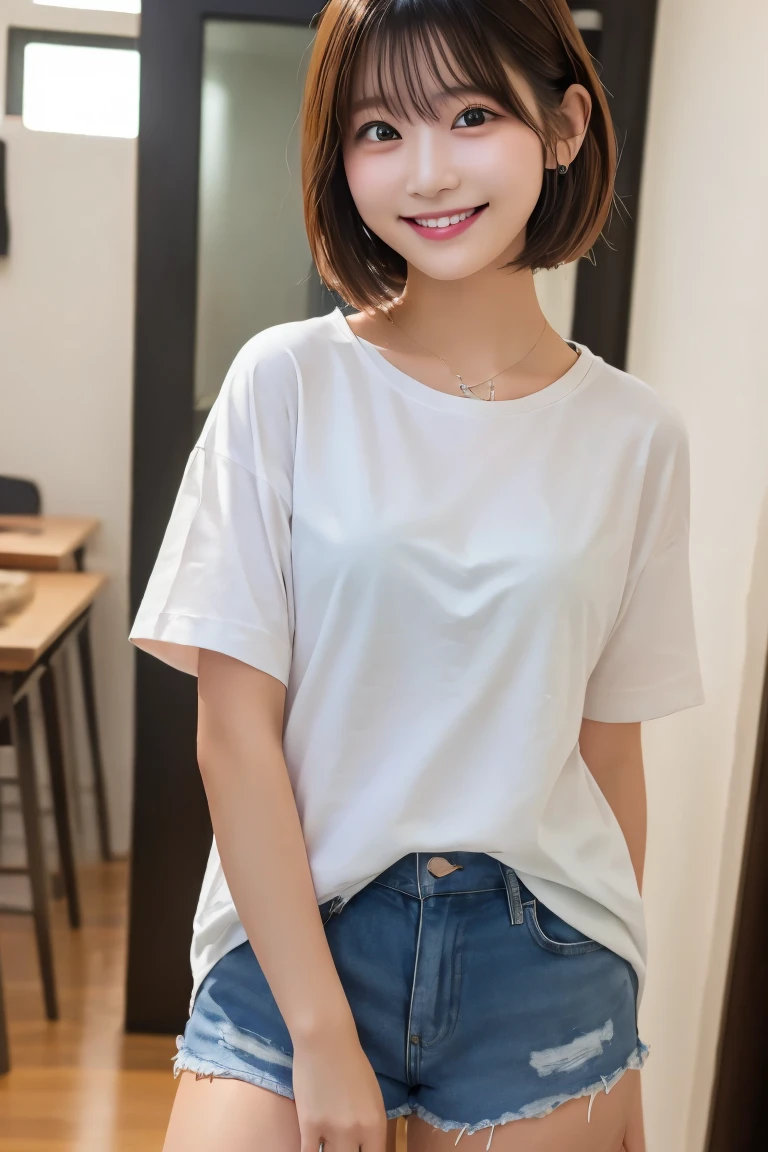 Highest quality, (beautiful)、Soft 、smile、Shorts、bigTshirt、Semi-short hair