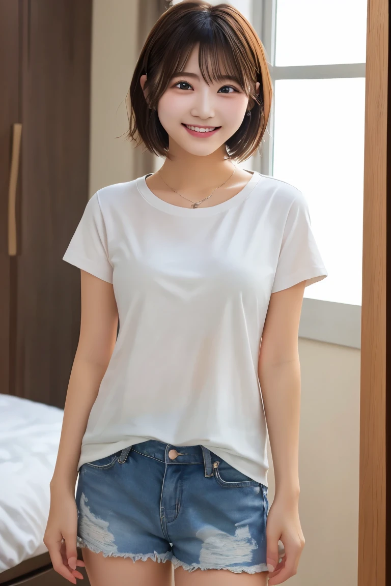 White tight shirt、a bed、a smile、shortsleeves、high-level image quality, incredibly absurd, beautiful and cute 20-year-old Korean girl with a photorealistic face, showcasing top-quality craftsmanship. Her slender frame is adorned with short, messy hair. The artwork is high-resolution, allowing for ultra-detailed features to be captured flawlessly. The girl is depicted naked. The focus lies on the realistic pupils, showcasing depth and emotion.