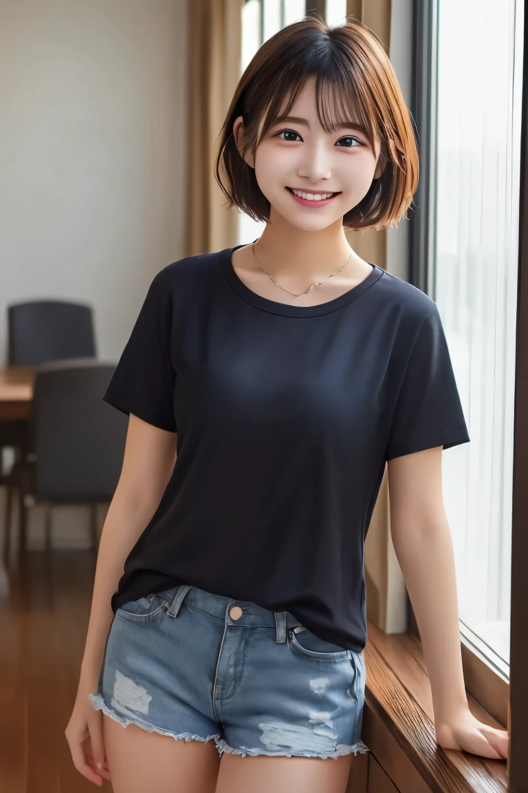 Highest quality, (beautiful)、Soft 、smile、Shorts、bigTshirt、Semi-short hair