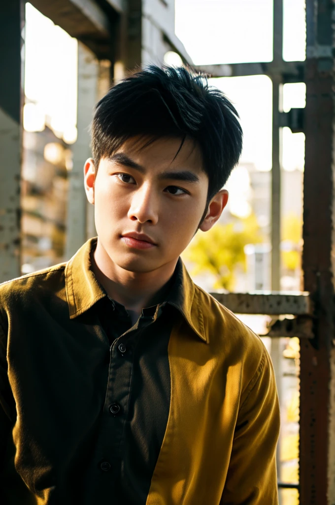 A young Asian man with large muscles looks at the camera. In a dark yellow button-up shirt. , measure , Normal sunlight