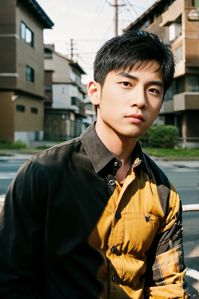A young Asian man with large muscles looks at the camera. In a dark yellow button-up shirt. , measure , Normal sunlight