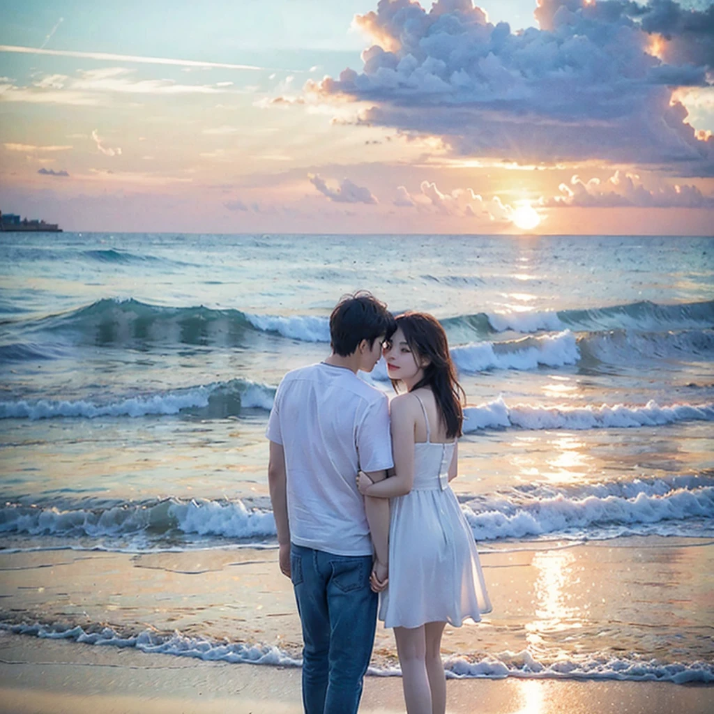 Illustration of a couple in love, Man and woman, by the sea, On the Sunset