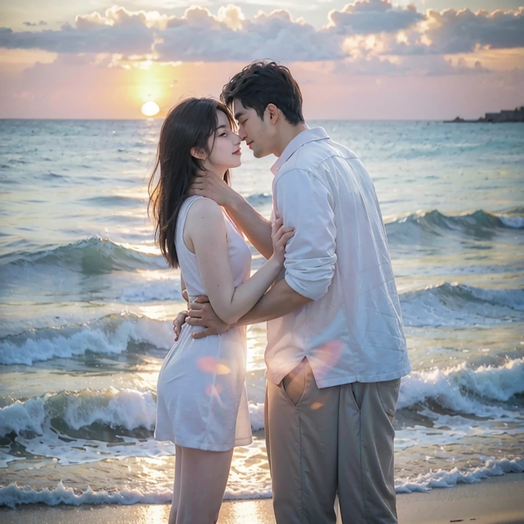 Illustration of a couple in love, Man and woman, by the sea, On the Sunset