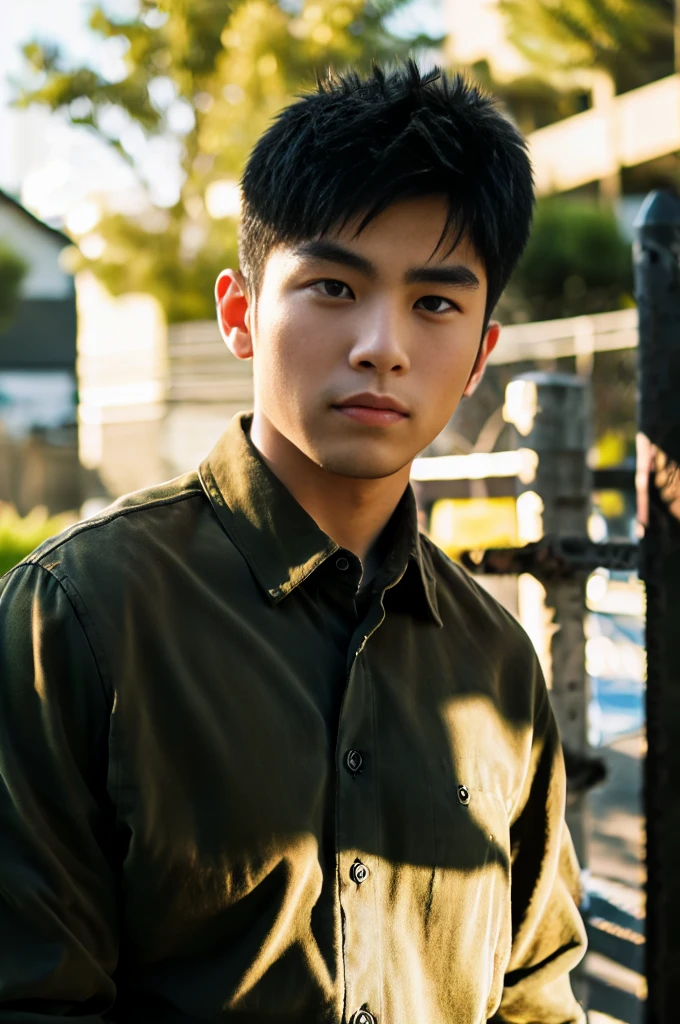 A young Asian man with large muscles looks at the camera. In a dark yellow button-up shirt. , measure , Normal sunlight