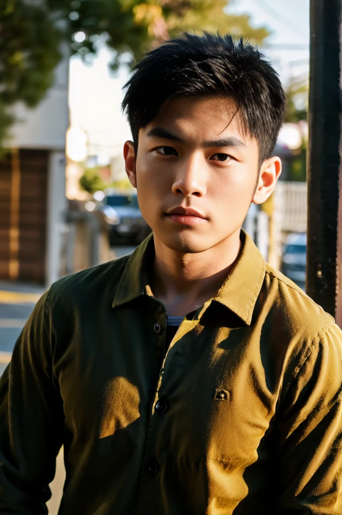 A young Asian man with large muscles looks at the camera. In a dark yellow button-up shirt. , measure , Normal sunlight