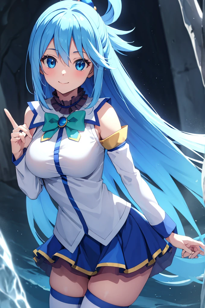 (masterpiece:1.3), (best quality:1.1), (8k, ultra detailed, ultra high res:1.2), ((anime style)), perfect 5 fingers, perfect anatomy, 
1girl,
Aqua \(konosuba\),
long hair, single hair ring, 
blue hair, 
(blue eyes:1.2), (beatiful detailed eyes:1.2), smile, ((mystical atmosphere)), 
green bow, 
medium breasts, 
BREAK blue shirt, blue skirt, white thighhighs, bare shoulders, detached sleeves, 
looking at viewer, 
cowboy shot, 
natural light, 